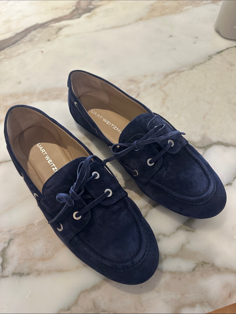 Stuart Weitzman Navy Suede Lace-Trim Driving Loafers